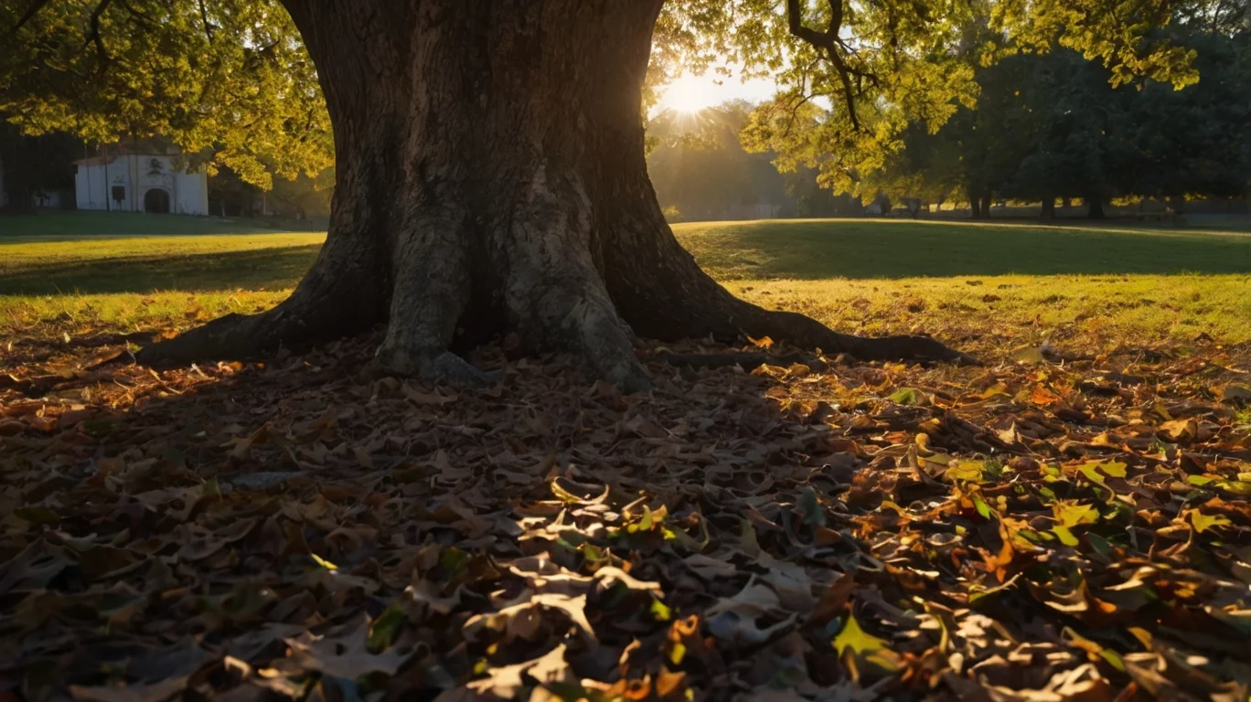 Sunlight filters through the leaves of a large tree, casting shadows on a ground covered with autumn leaves in a serene park.