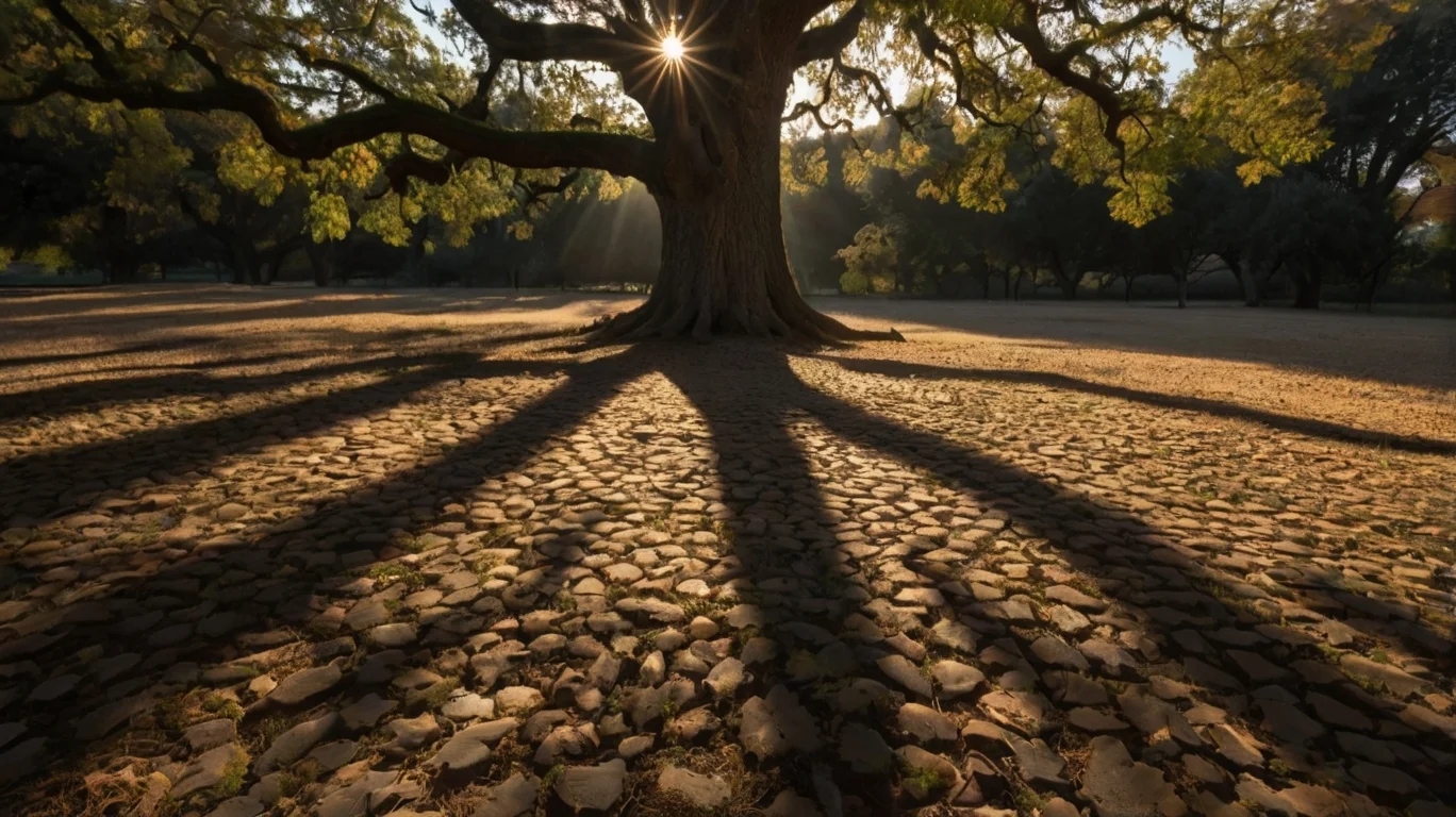 A majestic tree with sprawling branches casts long shadows on a sunlit, rocky ground, with rays of sunlight filtering through the leaves.