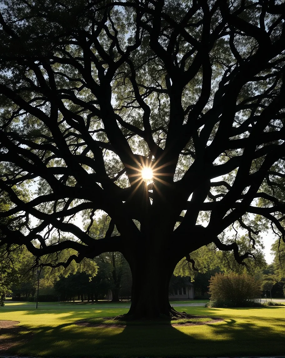A large tree silhouetted against the sun, its sprawling branches casting intricate shadows on a green lawn.