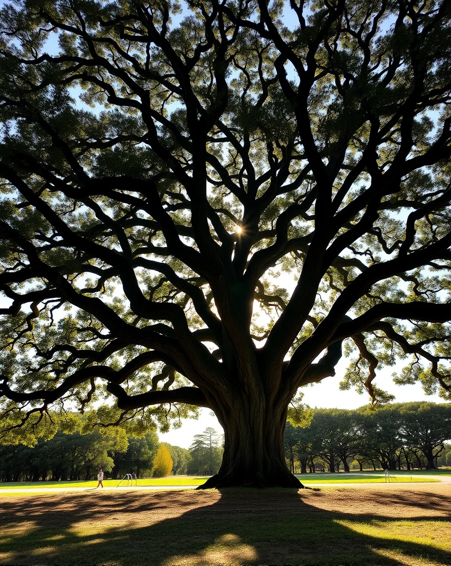 A majestic, sprawling tree with intricate branches silhouetted against a bright sky, casting long shadows on the grass below.
