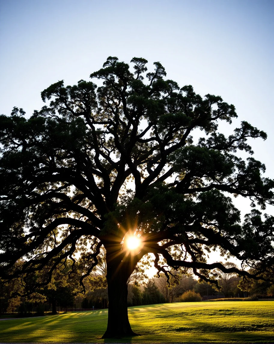 A large, silhouetted tree with sprawling branches and green leaves stands against a clear sky, sunlight shining through its center.