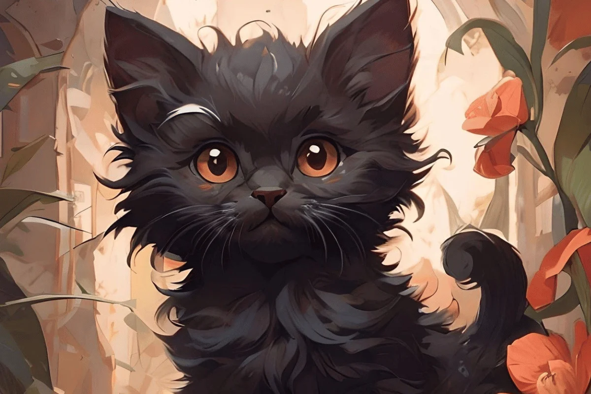 A fluffy black kitten with bright eyes stares curiously amidst soft lighting and colorful flowers in a serene indoor setting.