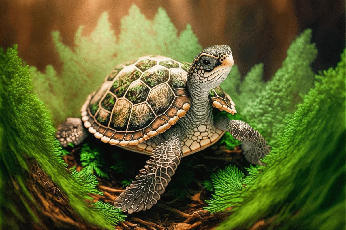 A detailed tortoise with a textured shell sits among vibrant green foliage, illuminated by soft warm light.