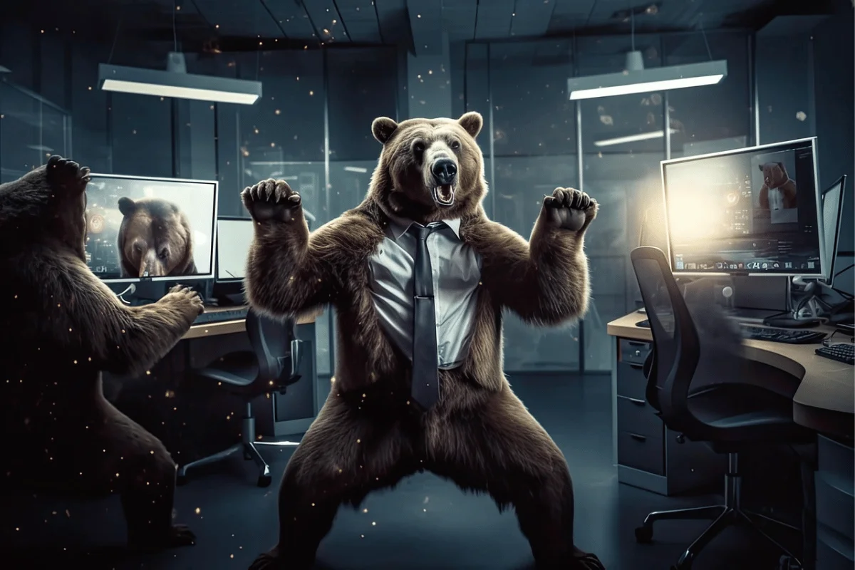 Surreal office scene with bears wearing business attire working on computers.