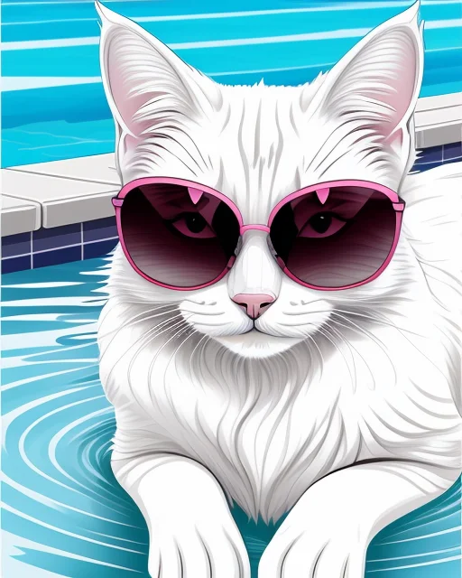 A cat wearing sunglasses by the pool.
