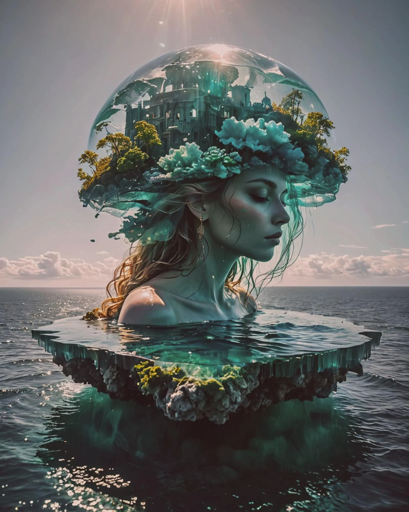 A surreal scene featuring a floating figure in water, topped with a transparent dome showcasing lush greenery and a mystical structure inside.