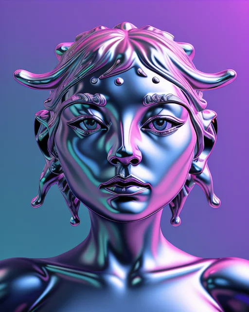A futuristic, metallic humanoid form with intricate details, set against a vibrant gradient background of purple and teal.