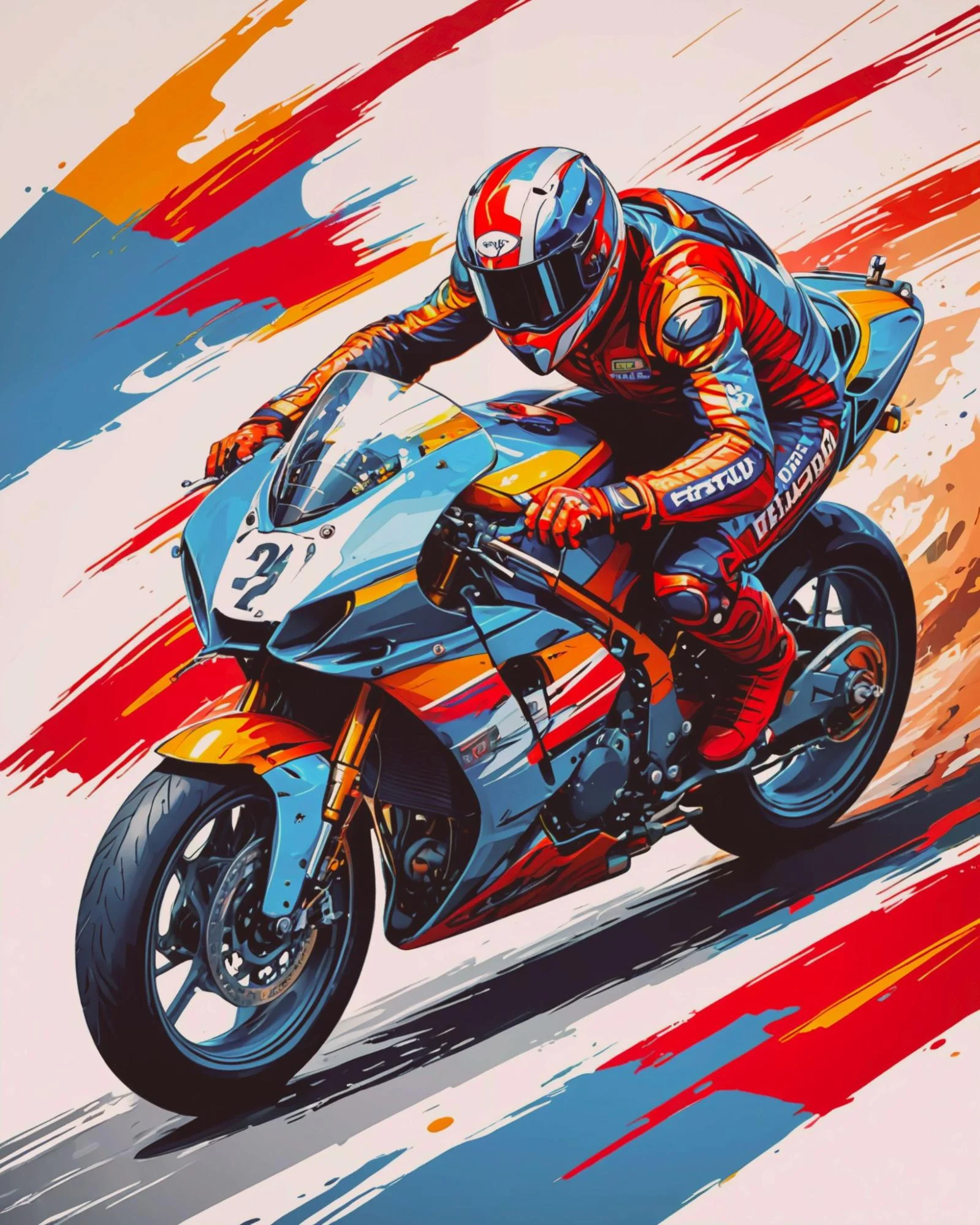 A vibrant digital illustration of a racer on a sleek motorcycle, leaning into a turn with motion blur and colorful brush strokes.