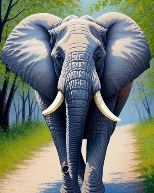 A majestic elephant stands on a tranquil path, surrounded by lush greenery and vibrant blue skies, showcasing its grandeur and beauty.