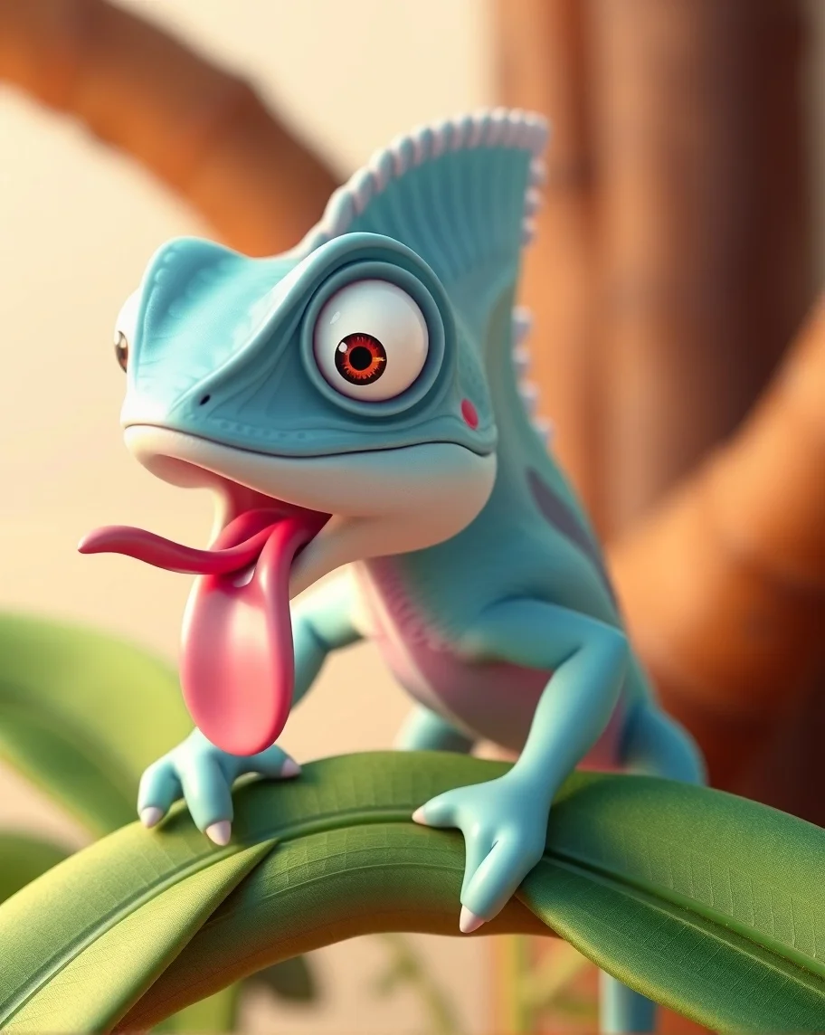 A cartoon lizard with large eyes and a playful expression sticks out its long pink tongue while perched on a green leaf.
