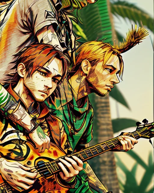 A vibrant illustration of a group of musicians, featuring intricate tattoos and tropical foliage, exuding a lively, creative energy.