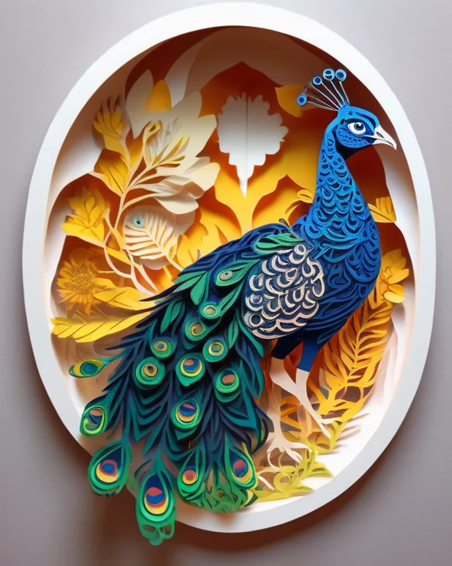 A vibrant 3D paper art piece of a peacock surrounded by colorful foliage in a white oval frame, showcasing intricate details and textures.