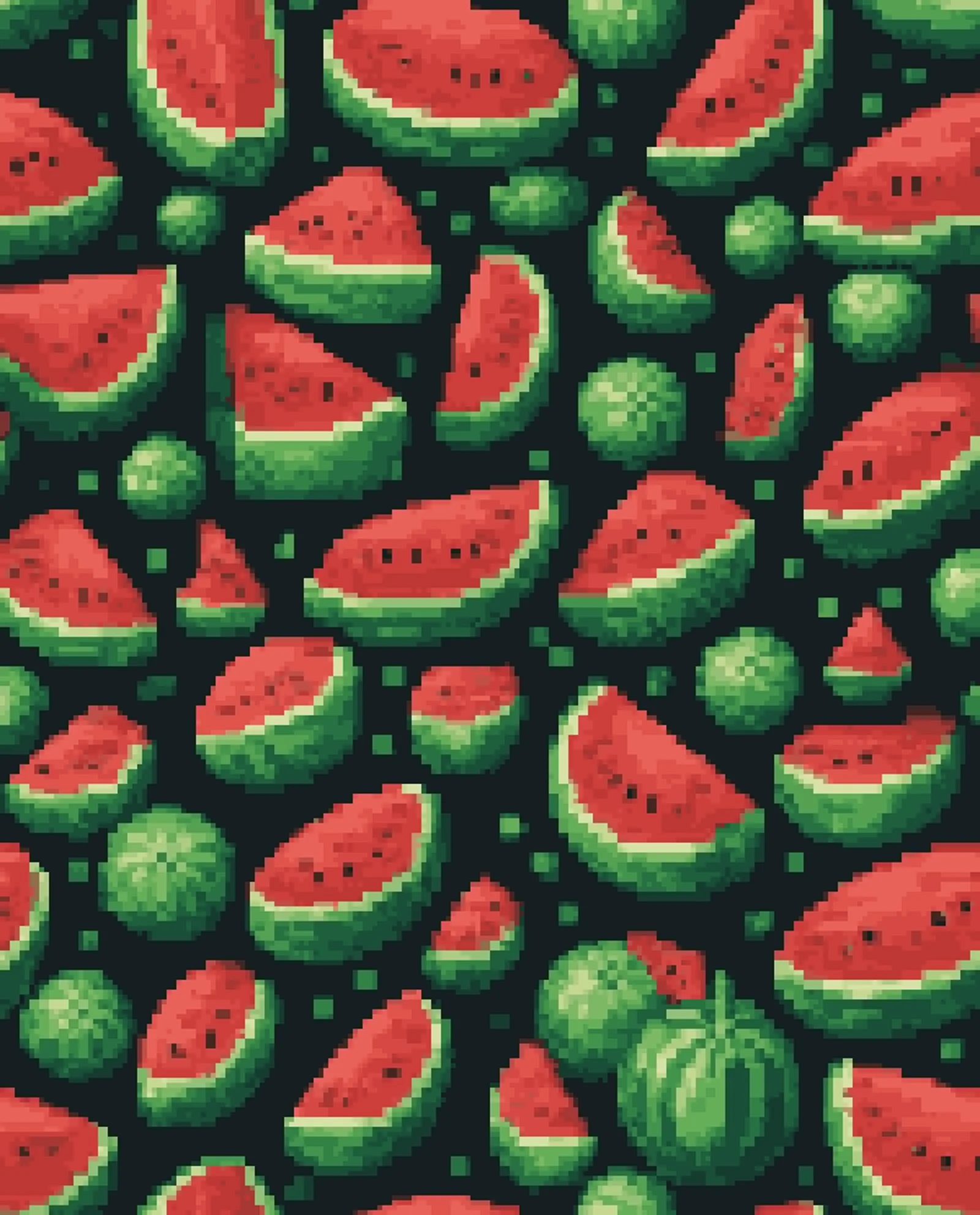 A vibrant pixel-art pattern featuring various slices and whole watermelons in shades of red and green against a dark background.