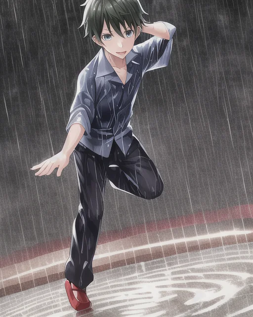 A person in a damp, rainy setting, wearing a blue shirt and black pants, striking a dynamic pose on a circular pattern below.