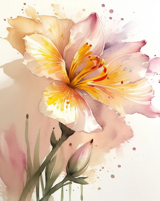 A delicate watercolor painting of a yellow and pink lily flower, surrounded by soft pastel splashes and green leaves.