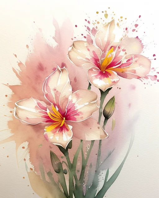 Two delicate pink and white flowers with yellow centers, surrounded by soft watercolors and abstract splashes, evoking a serene floral scene.