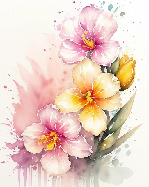 A vibrant watercolor illustration of pink and orange flowers, surrounded by soft splashes of color and green leaves.