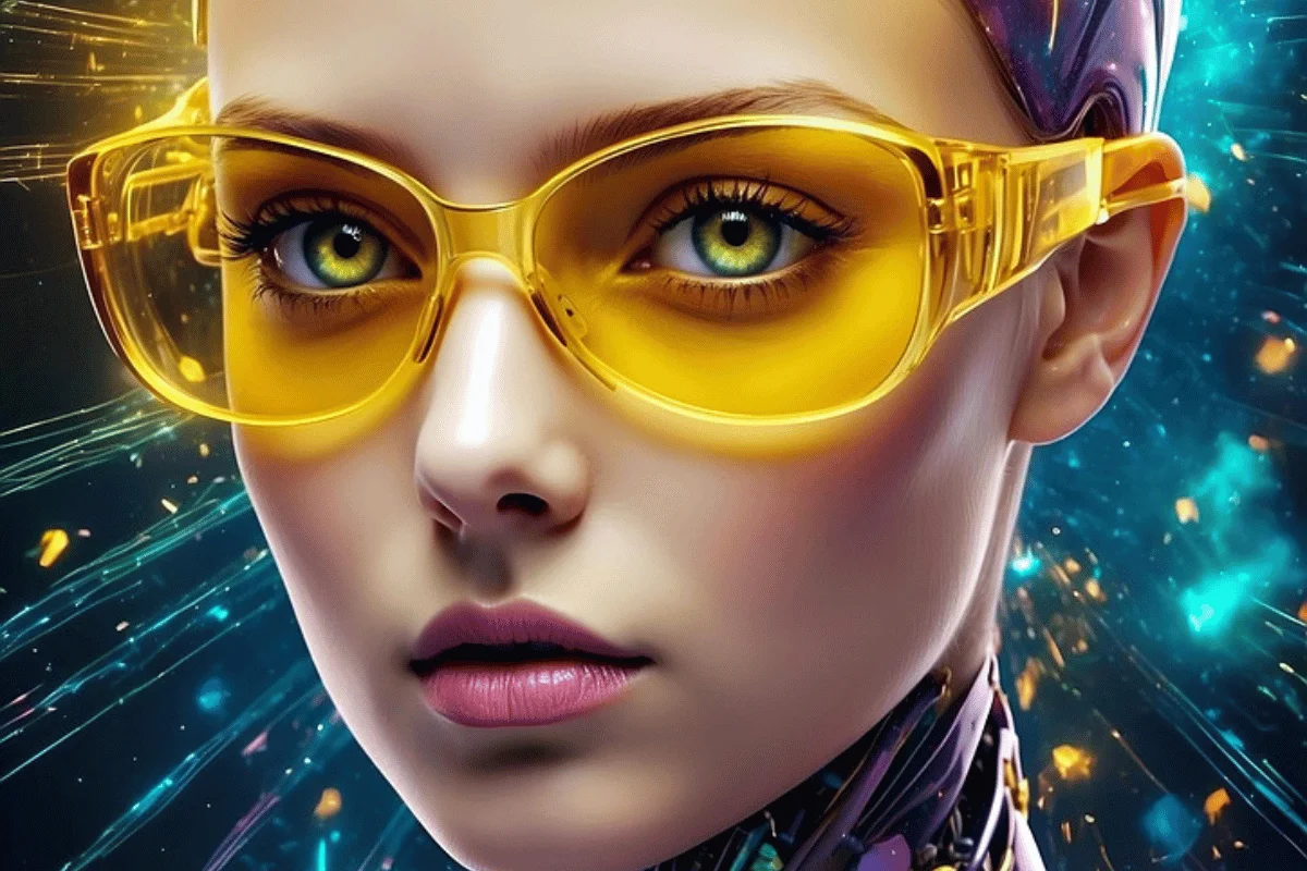 A close-up of stylish yellow glasses against a vibrant background of blue and gold swirls, with a hint of movement and energy.