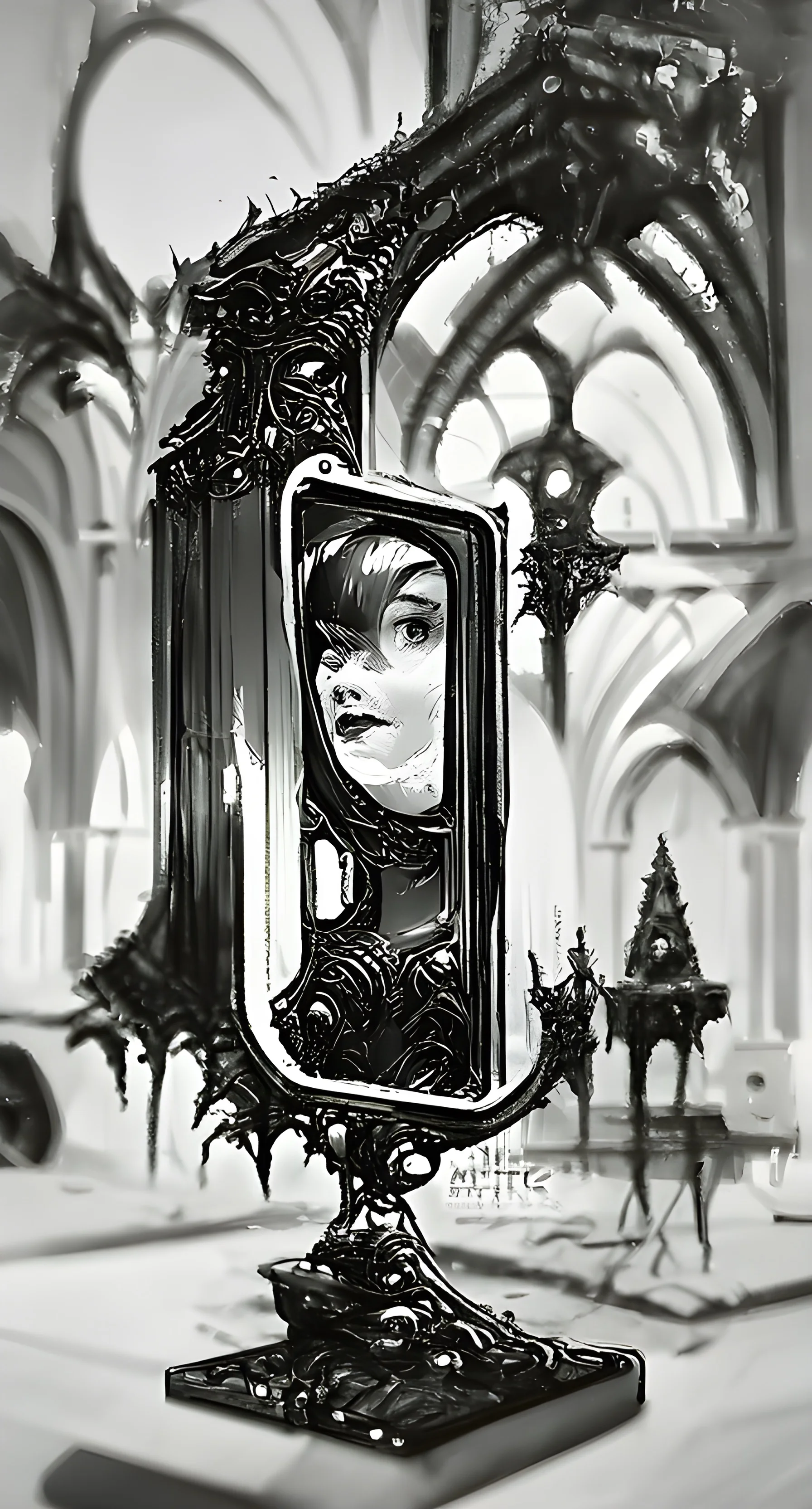 A gothic-style mirror intricately designed with dark, twisting patterns, set against an atmospheric, cathedral-like backdrop.