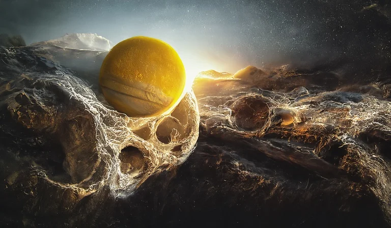 A surreal cosmic scene featuring a glowing sun, two shadowy celestial bodies, and a skull entwined in cosmic threads.