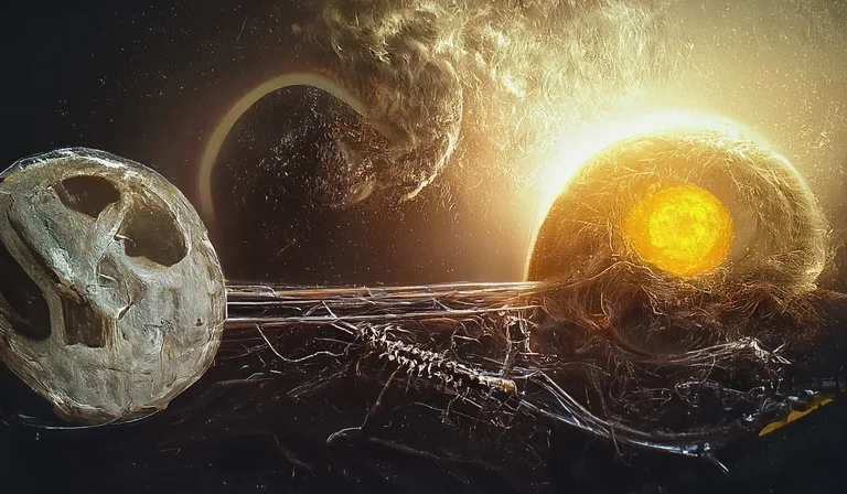 A surreal cosmic scene featuring a glowing sun, two shadowy celestial bodies, and a skull entwined in cosmic threads.