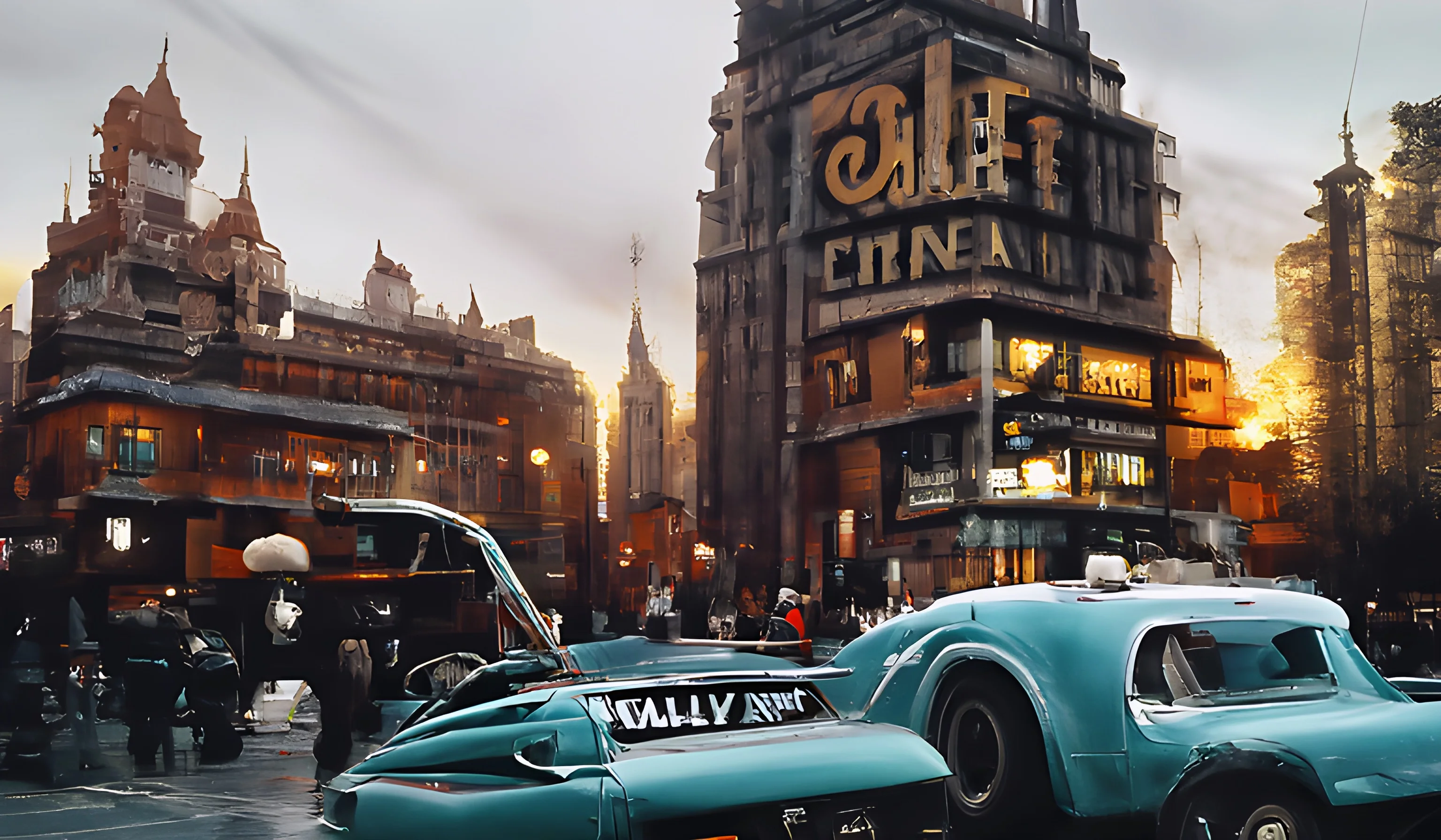 A bustling city street with vintage turquoise cars and a retro cinema building under a moody sky, evoking a nostalgic atmosphere.