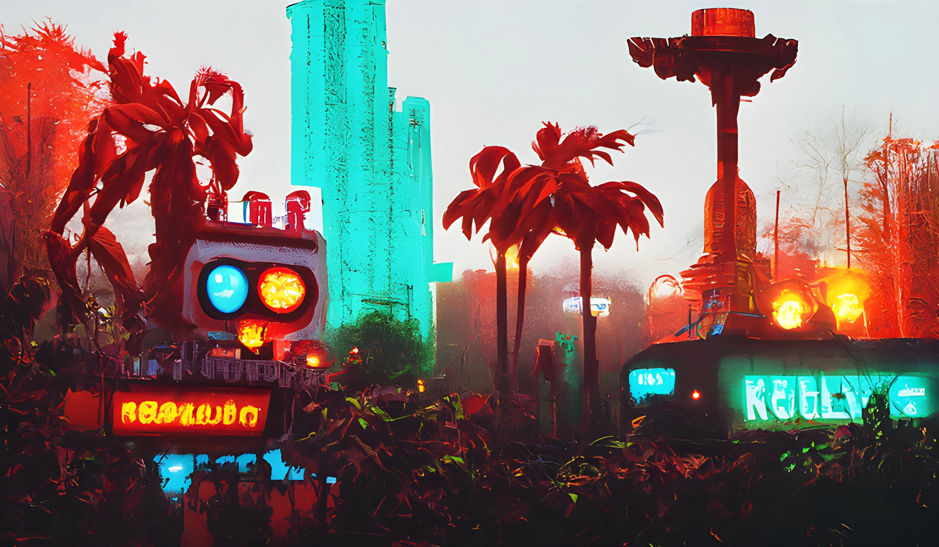 Futuristic robot among vibrant, glowing plants in a surreal landscape, blending technology and nature with neon colors.