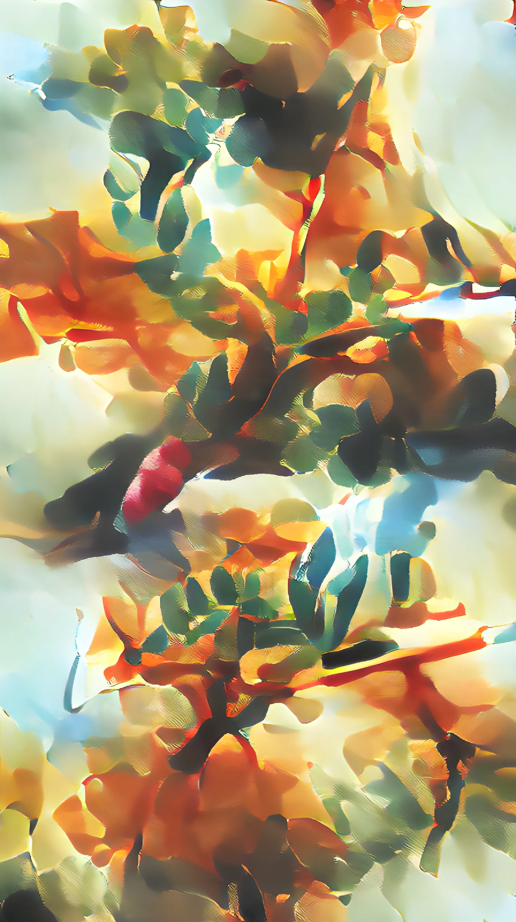 An abstract composition of vibrant orange, green, and blue tones, resembling leaves blending harmoniously in soft, fluid strokes.