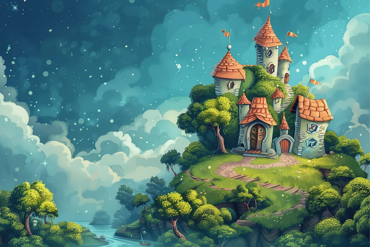 A whimsical castle atop a lush green hill, surrounded by vibrant trees and a serene river, under a starry, dreamy sky.
