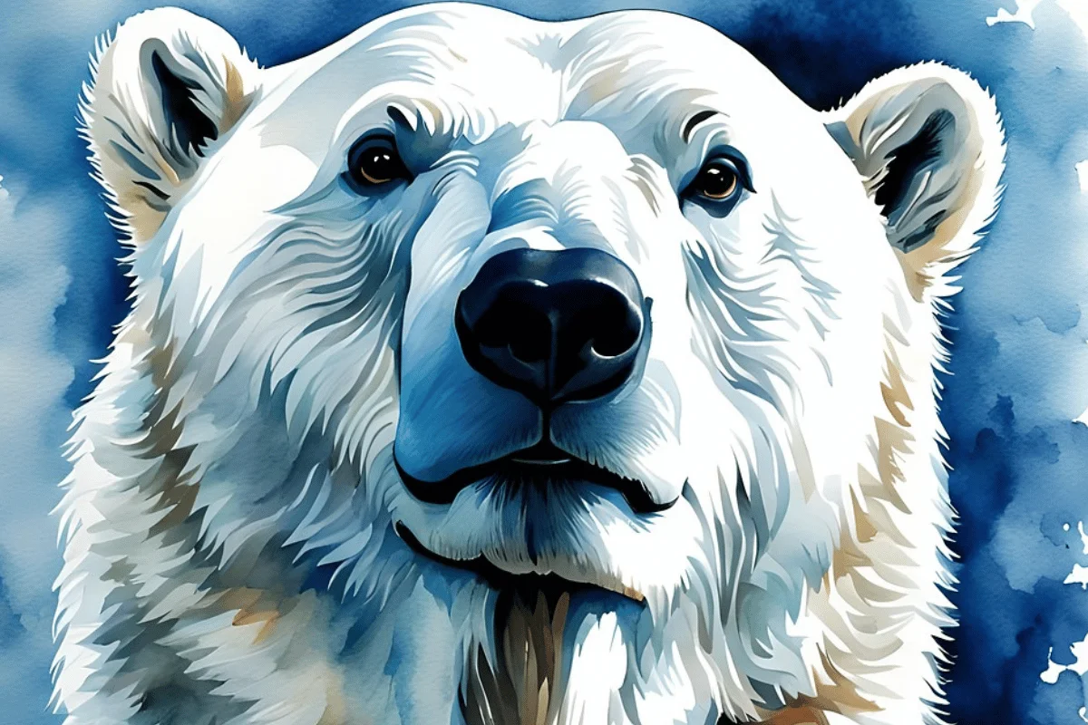 A close-up, artistic depiction of a polar bear's face, showcasing its striking features against a blue watercolor background.
