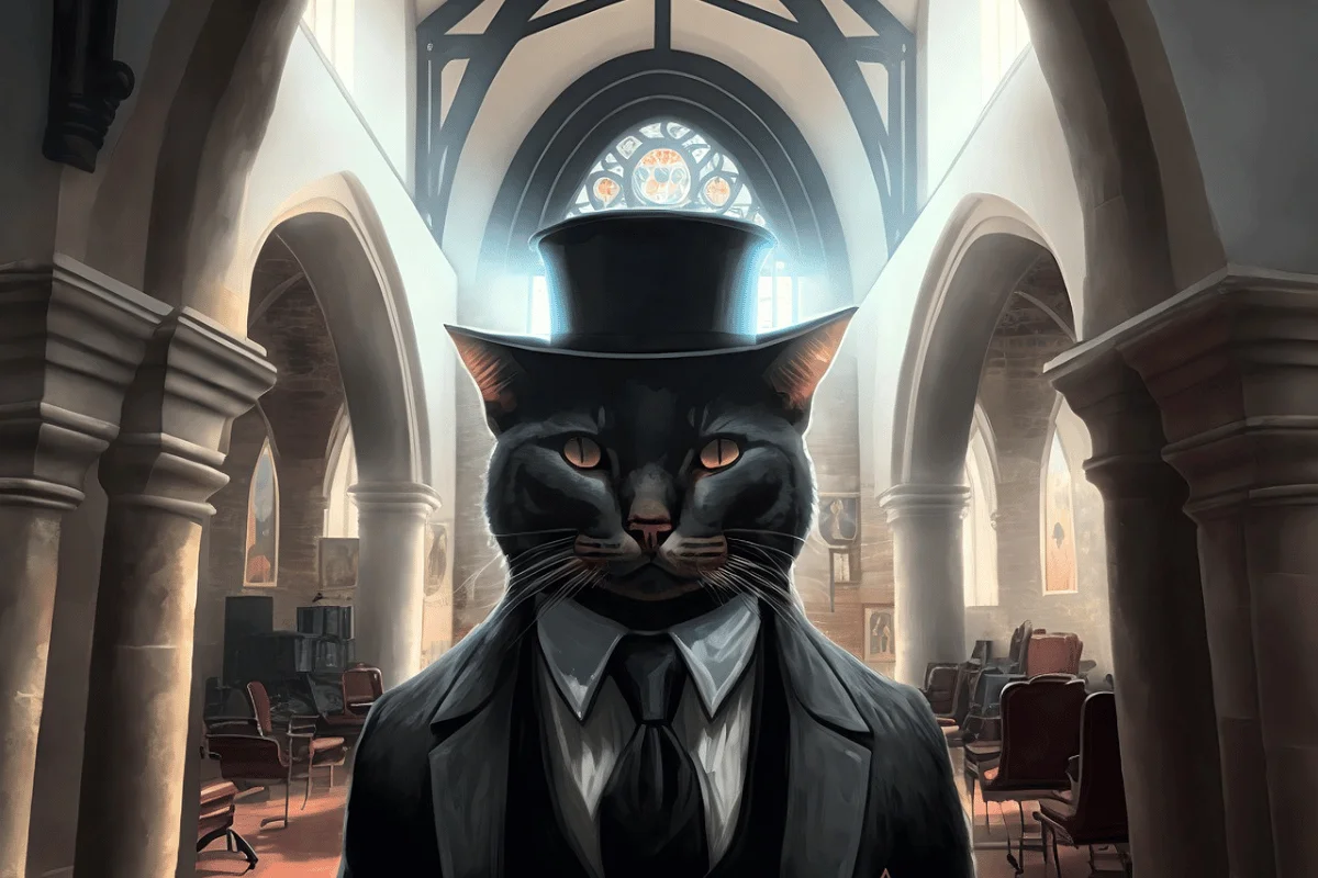 A sophisticated black cat in a tuxedo and top hat stands in a sunlit church interior, exuding elegance and charm.