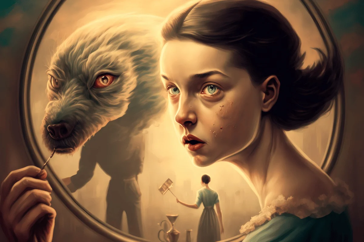 A surreal scene featuring a large wolf-like creature in a mirror, while a woman holds a paintbrush, blending reality and imagination.