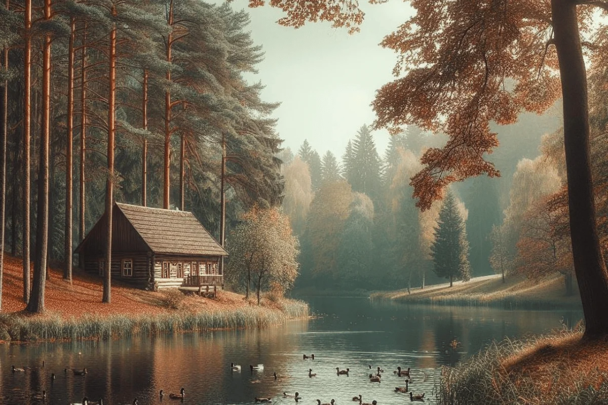 A serene forest scene with a rustic cabin by a calm lake, surrounded by autumn foliage and ducks swimming in the water.