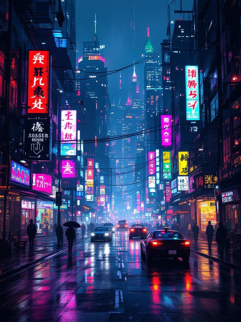 A bustling cyberpunk cityscape AI art glowing with neon signs and wet streets