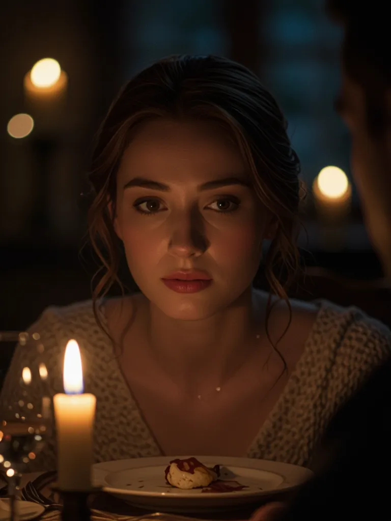 Close-up storyboard of a woman’s face lit by candlelight at a dinner table, romantic cinematic realism, detailed facial expressions