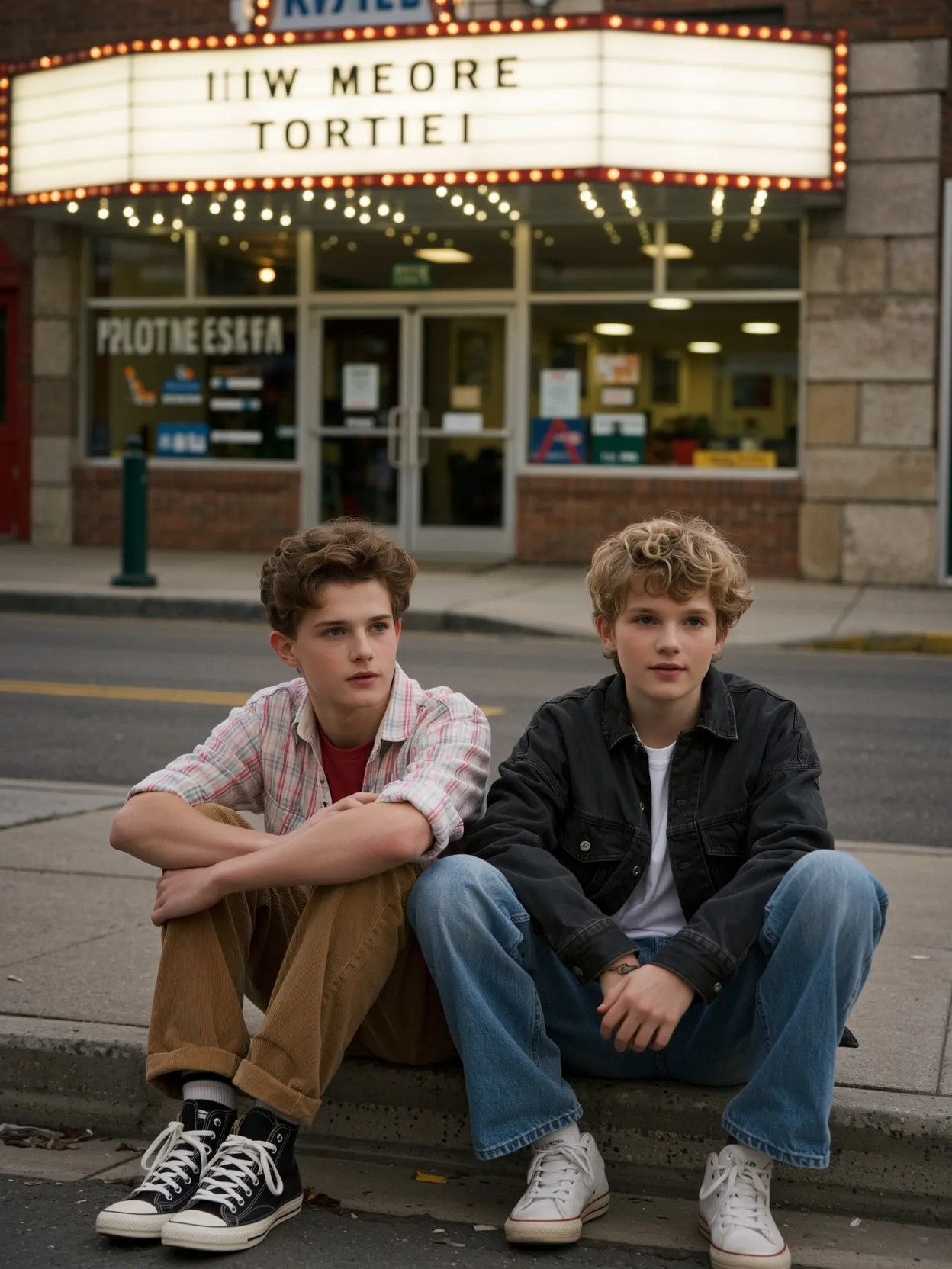 Moody 1990s coming-of-age film shot, two teens sitting on the curb outside a small-town movie theater in the Midwest, marquee lights buzzing faintly, warm tungsten lighting, cinematic softness, Ektachrome film look.