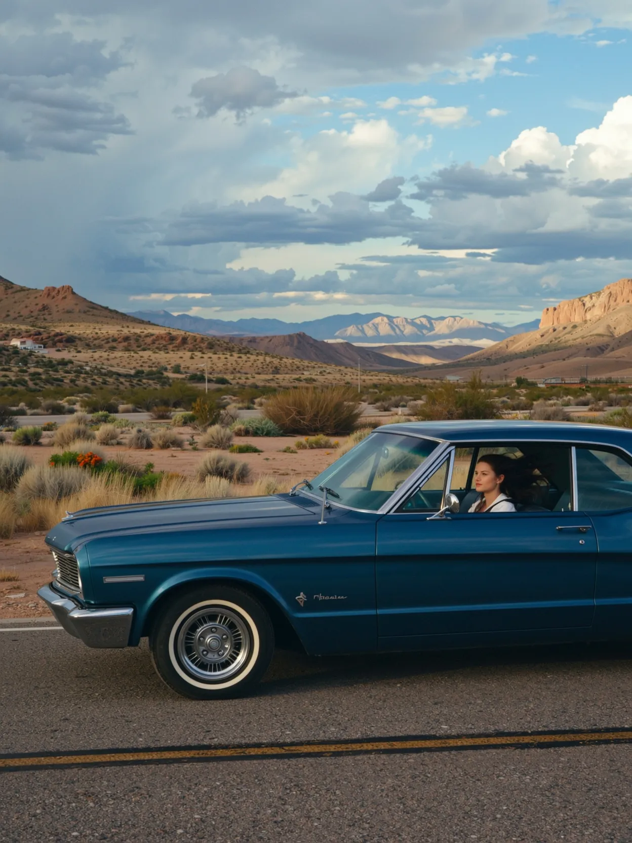 Moody 1990s coming-of-age film shot, a young woman driving an old convertible through the Nevada desert, wind in her hair, distant storm clouds, cinematic softness, Ektachrome film look.