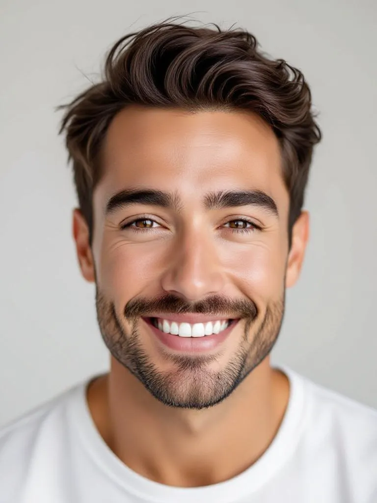 Natural portrait retouch, soft lighting, smooth skin, sharpened eyes, subtle smile, professional studio look man