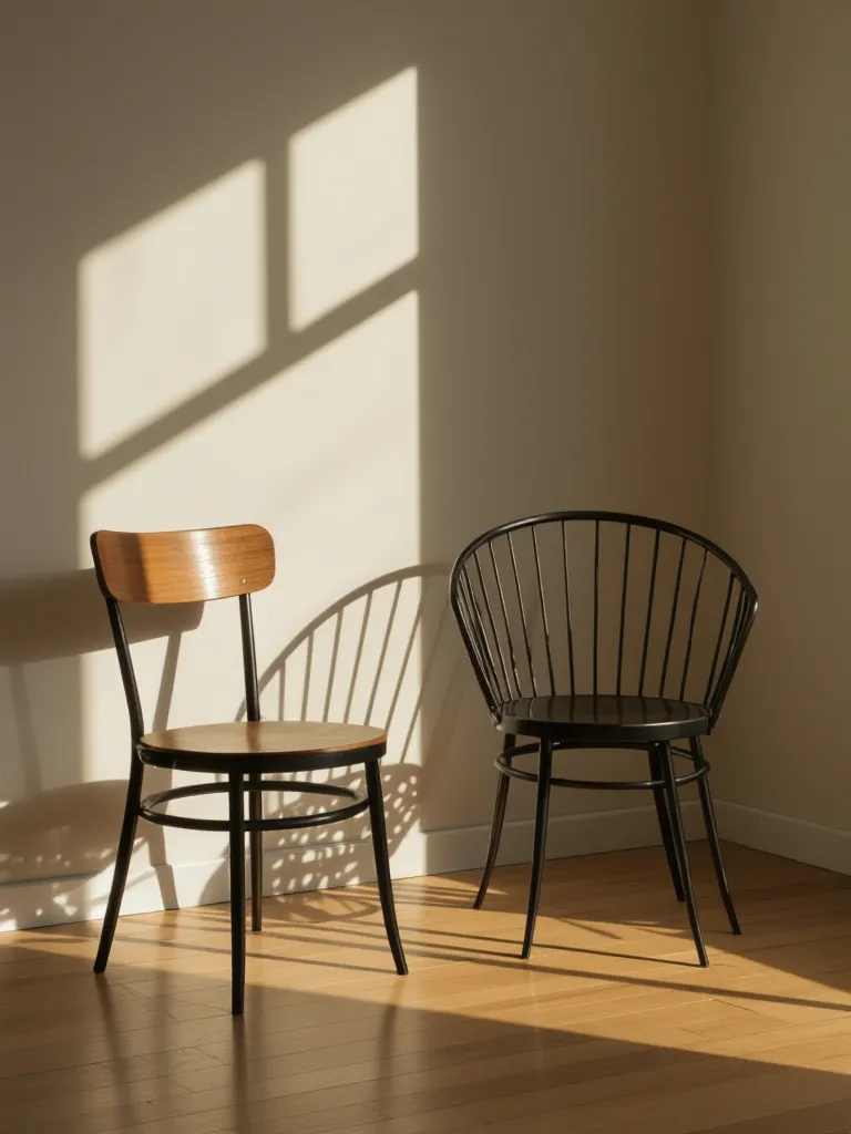Swap the wooden chair with a modern black metal chair, consistent shadows