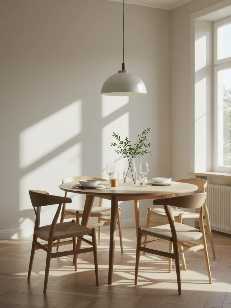 Place a dining table set in the center of the room, matching existing shadows
