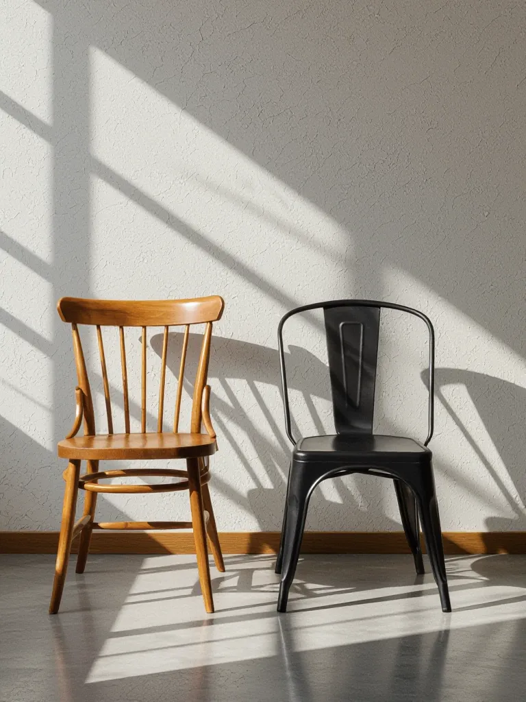 Swap the wooden chair with a modern black metal chair, consistent shadows