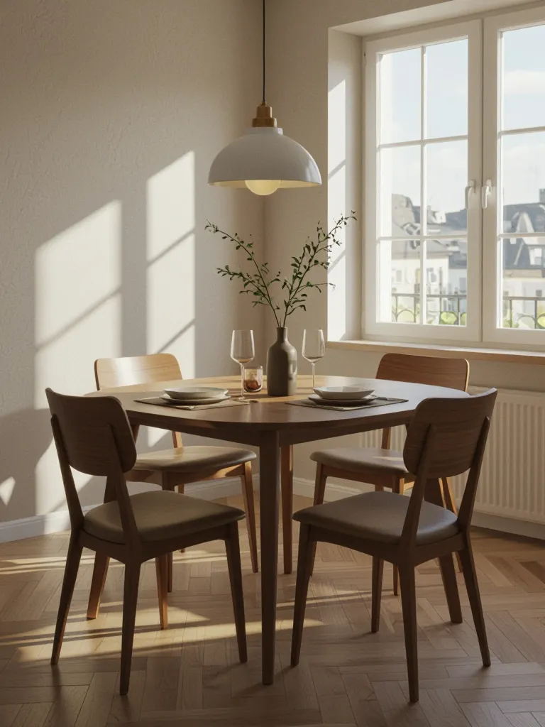Place a dining table set in the center of the room, matching existing shadows