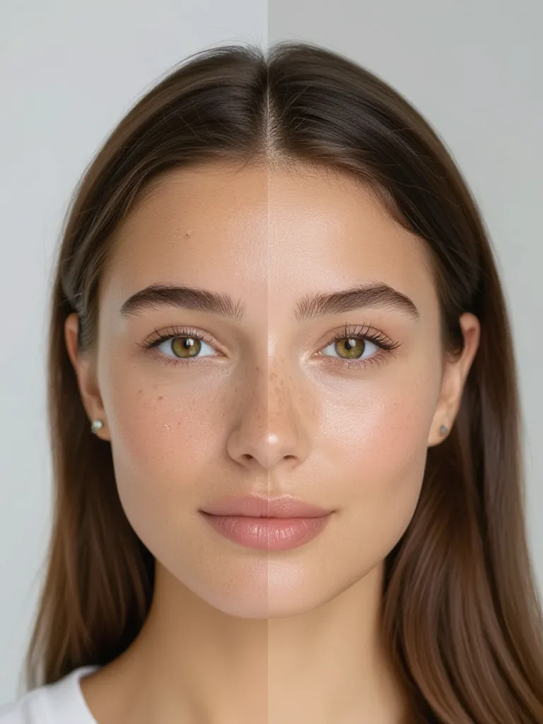 Create a split portrait where the left half shows the original face and the right half shows the swapped face with perfect alignment