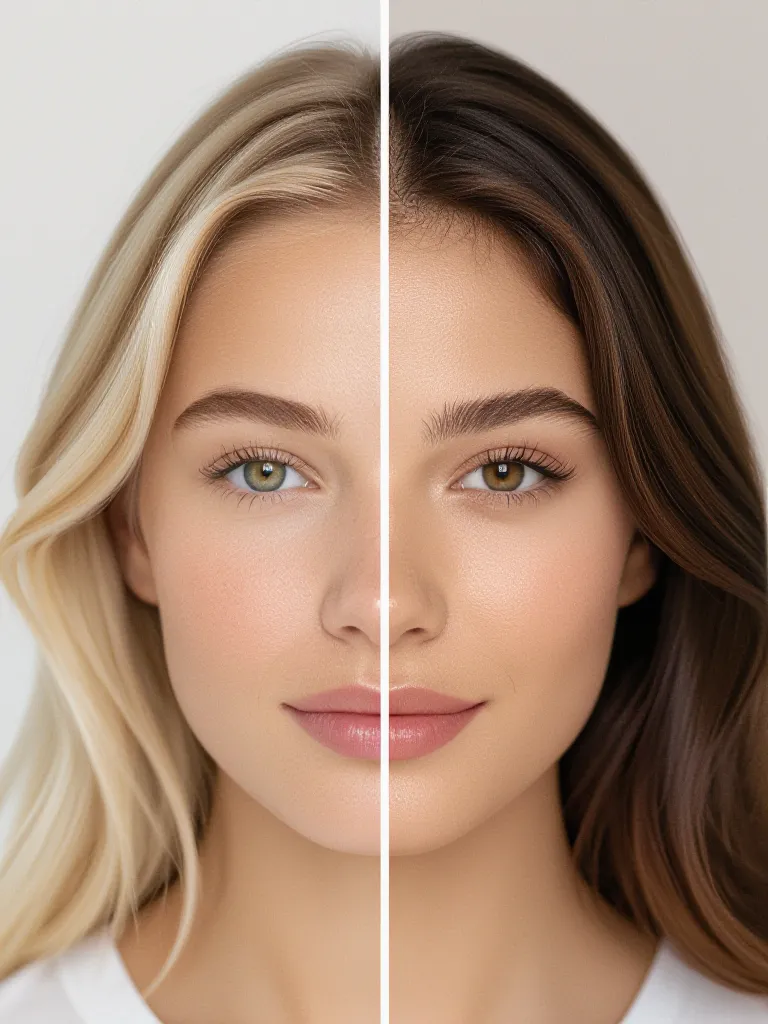 Make a half-and-half portrait where one side is untouched and the other side shows the new face swap in full detail