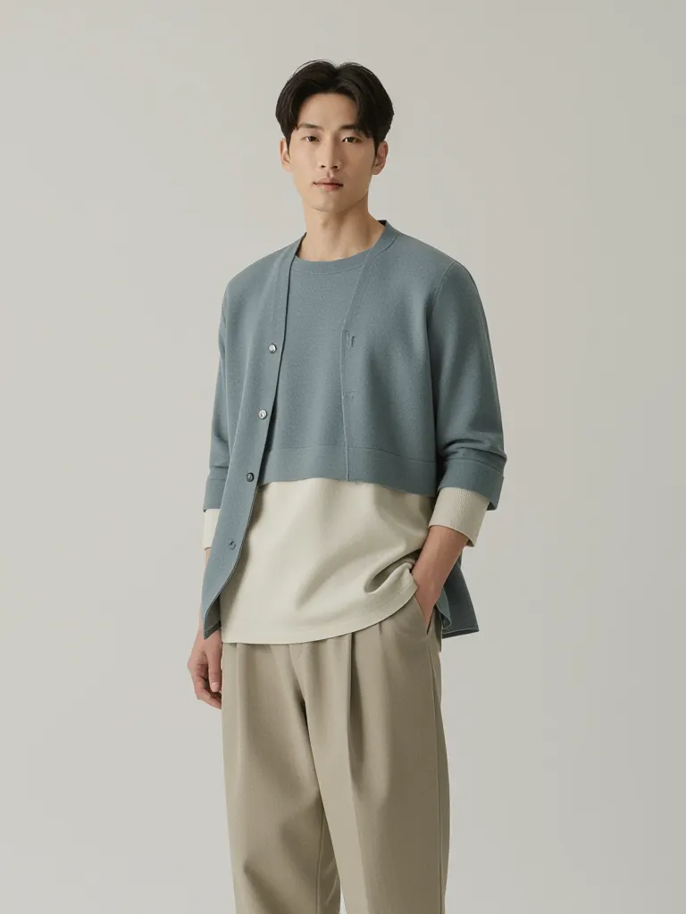 Man in modern Korean fashion style, layered top, wide pants, soft colors
