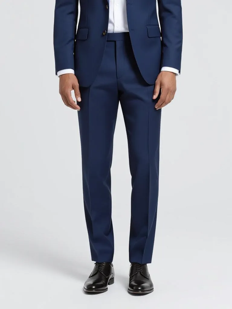 Man wearing a navy blue suit with a white dress shirt and polished dress shoes