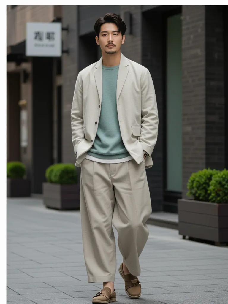 Man in modern Korean fashion style, layered top, wide pants, soft colors