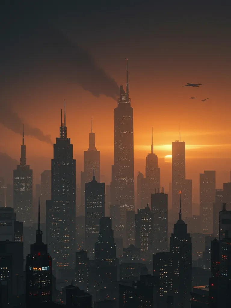 dark sci fi city skyline, orange fog, moody atmosphere
