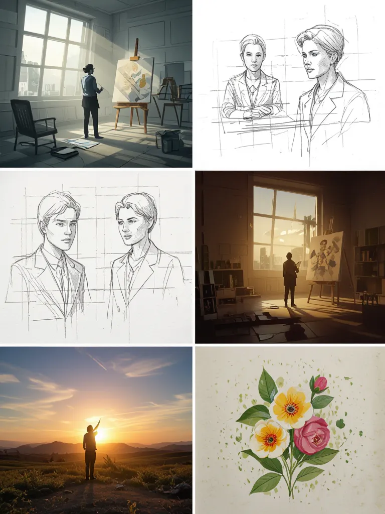 Creative collage showing concept sketches transforming into finished images, soft depth, cinematic light