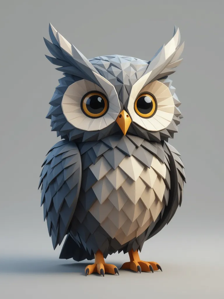 Stylized owl character with geometric features, textured feathers, collectible series look